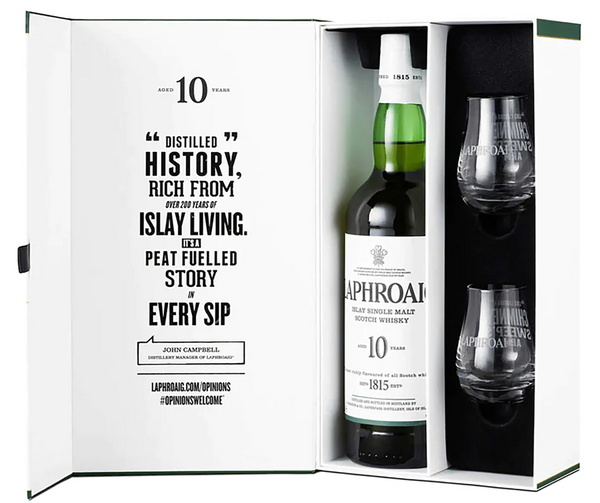 Laphroaig 10 Year Old Scotch Whisky Gift Box with 2 Glasses